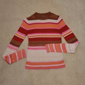 Free People mock turtleneck tee; lightweight; pink/red/beige stripes; XS